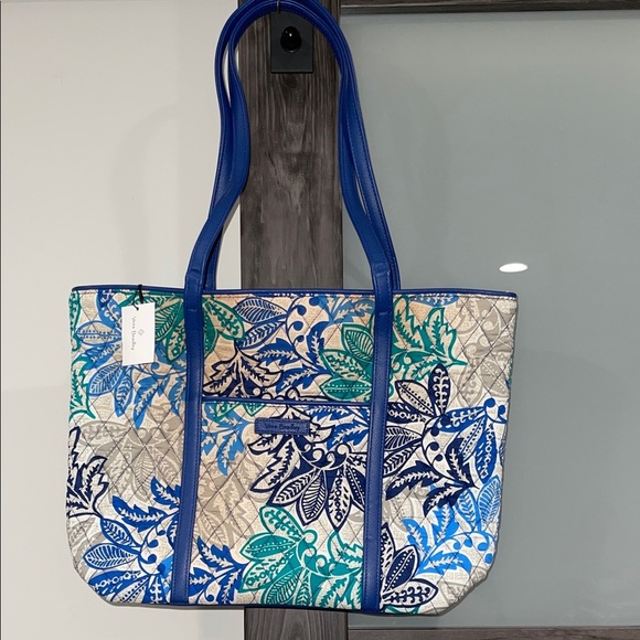 Vera Bradley Floral Blue and Green Small Trimmed Vera Tote Bag Santiago - Picture 4 of 9